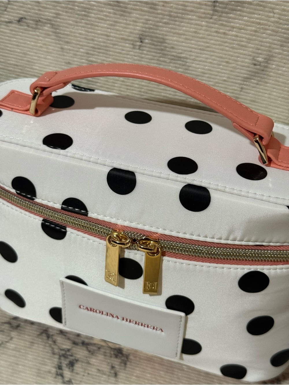 Carolina Herrera Beauty White Polka Dot Cosmetic Case with Pink Top Handle - Picture 5 of 16